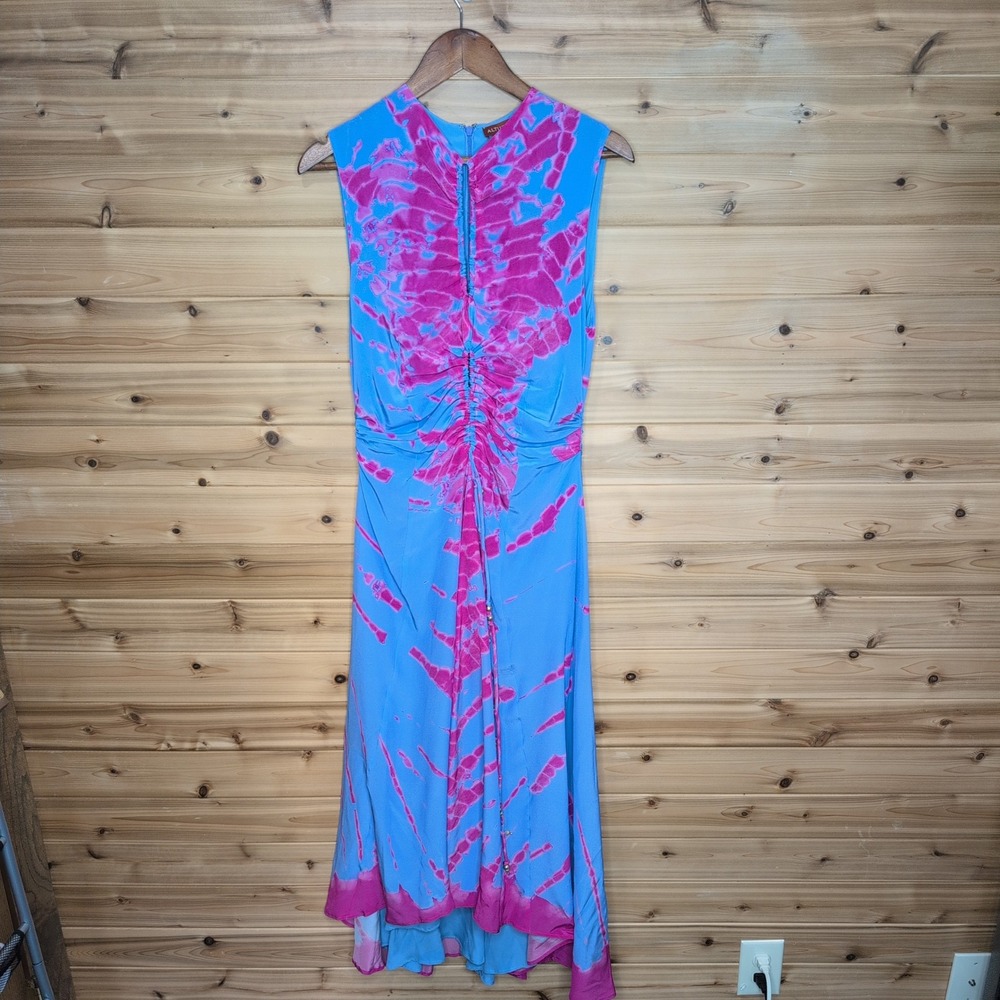 Altuzarra Kaya Silk Tie Dye Ruched Midi Dress Blue Pink Sleeveless Size 38 Italy - Picture 2 of 14